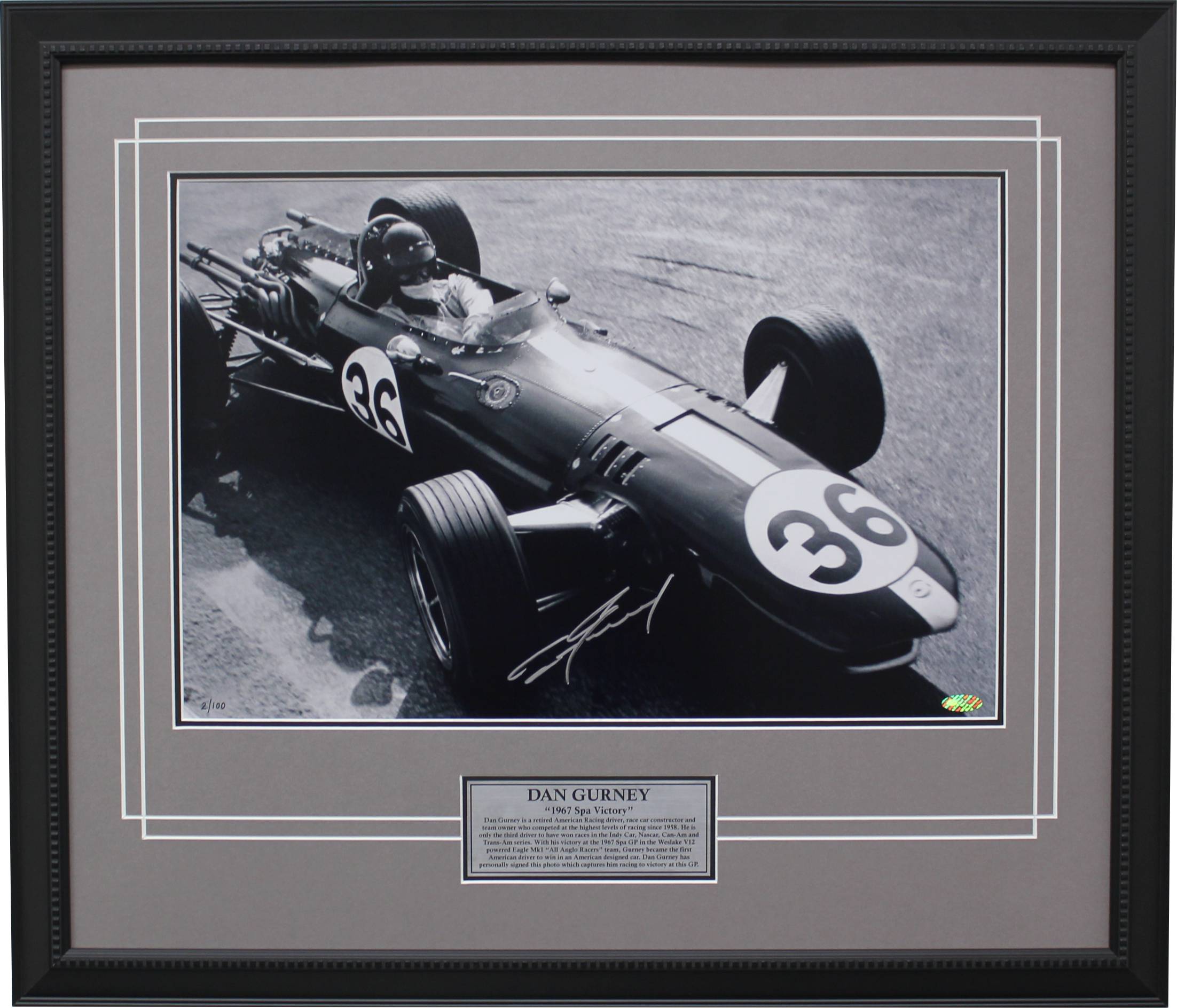 Dan Gurney Signed 1967 SPA Victory photo memorabilia