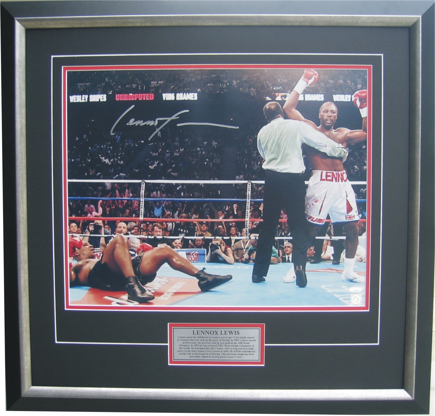 LENNOX LEWIS SIGNED 20" x14" BOXING PHOTOGRAPH v MIKE TYSON SEE PROOF & COA 
