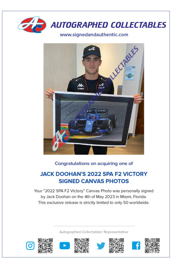 Jack Doohan signed SPA F1 F2 photo memorabilia Alpine